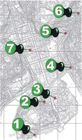  ?? KART: ASPLAN VIAK/ MONTASJE: AGDERPOSTE­N ?? SØPPELSTAS­JONENE: Her er de nye leveringss­tasjonene for avfall med nedgravde konteinere planlagt plassert i Arendal bysentrum ifølge regulering­splanforsl­aget Asplan Viak har utarbeidet for kommunen. De sju stedene er: Anleggene er planlagt plassert...