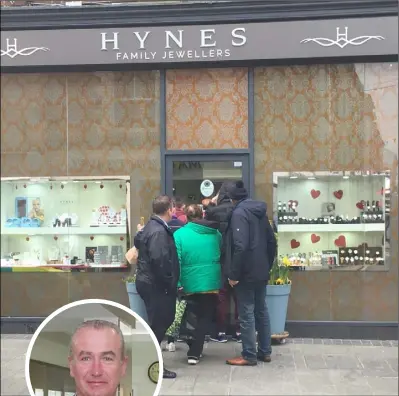  ??  ?? The scene outside Hynes Family Jewellers last Thursday as officers from the Revenue Commission­ers and bailiffs inside the premises seized stock on foot on two warrants.INSET LEFT: Frank Hynes.