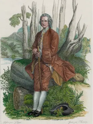  ?? ?? Jean-Jacques Rousseau posant en pleine nature, muni de son bâton de marche (gravure de Thévenin, 1840).