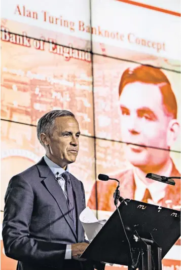  ??  ?? Mark Carney, the Bank of England governor, yesterday defended the decision to put Alan Turing, the scientist, on the new £50 note