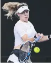  ?? QUINN ROONEY/GETTY IMAGES ?? Eugenie Bouchard volleys to a 6-0, 6-4 win over Louisa Chirico in Melbourne, Australia, Monday.