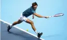  ??  ?? Daniil Medvedev stretches to play a backhand against Stefanos Tsitsipas. Photograph: Julian Finney/Getty Images