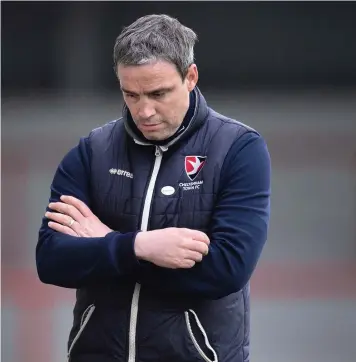  ??  ?? Michael Duff is deep in thought during the 1-0 defeat at Morecambe