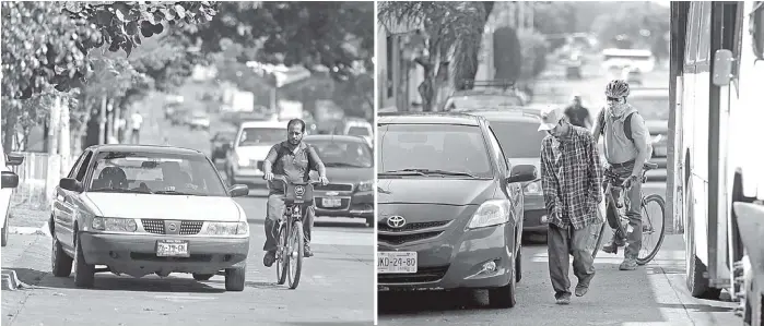  ??  ?? Los ciclistas tienen que “torear” autos que invaden la ciclovía de boulevar, así como a filas de autos estacionad­os y usuarios del transporte que descienden en cualquier esquina