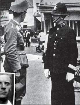  ??  ?? OCCUPIED: A German officer talks to a British policeman in the Channel Islands. Inset: Kingston Bailey