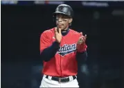  ?? THE ASSOCIATED PRESS FILE PHOTO ?? Francisco Lindor encourages his teammates during Game 2 of the Indians-Yankees wild card series Sept. 30 at Progressiv­e Field.