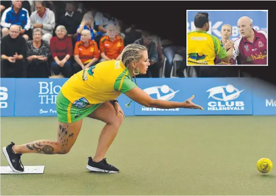  ??  ?? Georgia White in action for the Gold Coast Hawks and (inset) the Pirates’ Alex Marshall (right) thanks the Hawks’ Aron Sherriff. Pictures: BOWLS AUSTRALIA