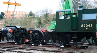  ?? TONY MASSAU ?? Could this engine work the empty stock for a railtour into Waterloo, or pilot a ‘Manor’ up Talerddig, when complete? ‘3MT’ No. 82045 is lowered onto its driving wheels at Bridgnorth on April 17.