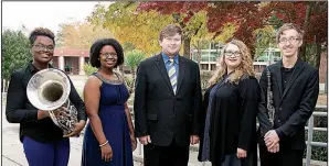  ??  ?? Winners of the Henderson State University music department’s annual President’s Concert competitio­n — (from left) Raven Morris, Frednesha Whiting, Ryan Whitley, Kendall Gibson and John Platt — perform Saturday in Hot Springs Village’s Holy Trinity...