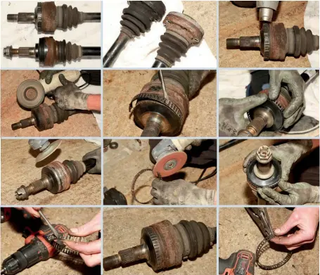  ??  ?? First photo in this group clearly illustrate­s the ‘problem’. ABS ring from parallel-sided 986 CV joint (top) needs to be removed without damage, and then secured, in exactly the right place, to tapering 987 unit. Note also the difference­s in the two splined areas – although we had already concluded, correctly, that these would be of no significan­ce. The joint at the inner end of the 987 shaft (top row, middle) is again slightly different to the 986’s, and the 987 shaft itself is a bit thicker, but neither factor appears to be detrimenta­l to the fit or performanc­e. First attempt to expand and remove ABS ring was using gentle heat from a hot-air gun, but it quickly became obvious that more drastic measures would be needed. Darren Gardiner made cutting through the ring and levering it off the old CV joint look easy, but it took patience, skill and not least a rock-steady hand