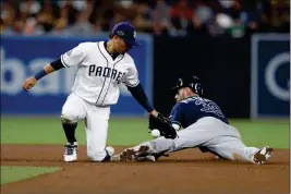  ?? ASSOCIATED PRESS ?? SAN DIEGO PADRES SECOND BASEMAN Luis Urias (left) bobbles the catch as Tampa Bay Rays’ Kevin Kiermaier safely steals second base during the fourth inning of Monday’s game in San Diego.