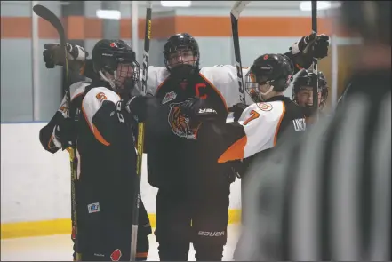  ?? NEWS PHOTO RYAN MCCRACKEN ?? South East Athletic Club Tigers captain Josh Van Mulligen embraces his teammates after a goal in a Hockey Hounds Major Bantam Hockey Tournament game against the Martensvil­le Marauders on Friday, Nov. 15 2019 at Hockey Hounds Arena.