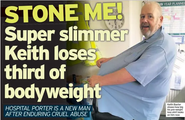  ??  ?? Keith Baxter shows how big his pre-weight loss shirt looks on him now