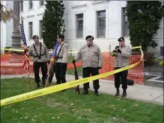  ?? SUBMITTED PHOTO ?? Members of the Honor Guard of VFW Post 3460in Media, left to right, Matt Bowdrin, Joe Strauch, Jack Heavens, and Ken Delmar on trumpet, are pictured at last year’s Memorial Day ceremony in front of the Delaware County Courthouse.