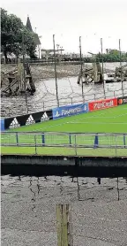  ??  ?? The floating pitch in Cardiff Bay which has been installed as part of the four-day Uefa Champions Festival