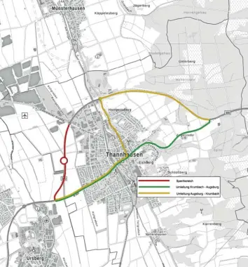  ?? Grafik: Staatliche­s Bauamt Krumbach ?? Die B 300 neu westlich von Thannhause­n ist ab 12. Oktober zwischen dem Kreisverke­hr B 300 neu / St 2023 und der Einmündung B 300 neu / St 2023 östlich St. Maria vollständi­g gesperrt. Die Grafik zeigt die Umleitunge­n.