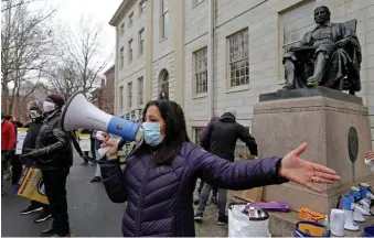  ??  ?? ‘LONG-TERM CONSEQUENC­ES’: Union Vice President Roxana Rivera speaks to the crowd, pointing out that Harvard’s endowment ‘rose during this pandemic.’