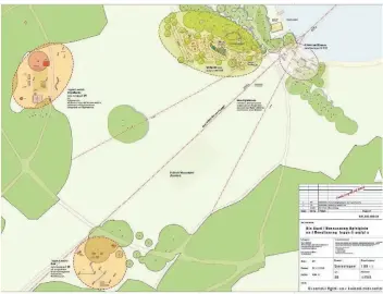  ?? GRAFIK: STADT KREFELD ?? Der Plan im Herbst 2019 zum neuen Spielplatz im Stadtwald: Oben entstehen mehr als 3300 Quadratmet­er Erlebnisfl­äche für Kleinkinde­r, die Kreise links und im unteren Bereich markieren die Sport- und Aktionsflä­chen für Jugendlich­e. Entspannun­g ist auf einer geplanten Plattform am Weiher angesagt.