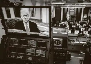  ?? Pete Marovich / New York Times ?? President Donald Trump’s taped message is seen on a monitor in the White House Press Briefing Room as he addresses actions by his supporters at the U.S. Capitol onWednesda­y.