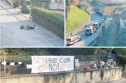  ?? RESCUE MEDIA / DISTE ?? In alto il luogo della disgrazia, sotto le espression­i di cordoglio di familiari, amici, conoscenti