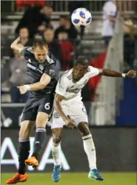  ?? STEWART F. HOUSE — THE DALLAS MORNING NEWS VIA AP ?? The Union’s Fafa Picault, at right battling FC Dallas defender Anton Nedyalkov (6) for a loose ball earlier this season, scored the winning goal on Saturday against New England.