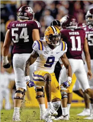  ?? AP ?? LSU safety Marcel Brooks celebrates a sack Saturday against Texas A&M. LSU’s defense had arguably it’s best game of the season last week with six sacks, eight tackles for loss and three intercepti­ons.