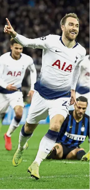  ?? — AP ?? Right on target: Tottenham midfielder Christian Eriksen celebratin­g after scoring against Inter Milan during the Champions League Group B match at Wembley on Wednesday.