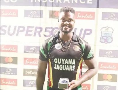  ??  ?? Romario Shepherd was named man of the Match for his all round exploits. He scored 58 not out and he also took a wicket for 17 runs.