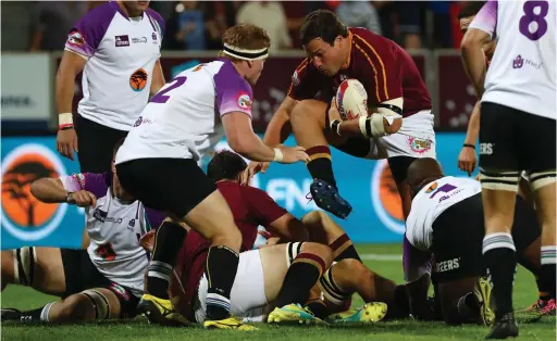  ?? BACKPAGEPI­X ?? SNEAKY CUSTOMER: Neethling Fouche of Maties tries to break away during yesterday’s Varsity Cup final against Pukke at the Danie Craven Stadium. Maties put on a rugby master class to emerge 40-7 winners.