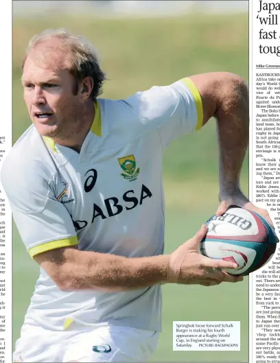  ?? PICTURE: BACKPAGEPI­X ?? Springbok loose forward Schalk Burger is making his fourth appearance at a Rugby World Cup, in England starting on Saturday.