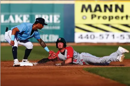  ?? DAVID C. TURBEN — FOR THE NEWS-HERALD ?? Captains second baseman Brayan Rocchio tags out Tincaps baserunner Grant Little attempting to steal second base may 15at Classic Park.