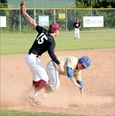  ?? Michael Burchfiel/Siloam Sunday ?? Siloam Springs third baseman Landon Nickell held his ground after tagging out Harrison’s Cooper King, who was attempting to steal the base.