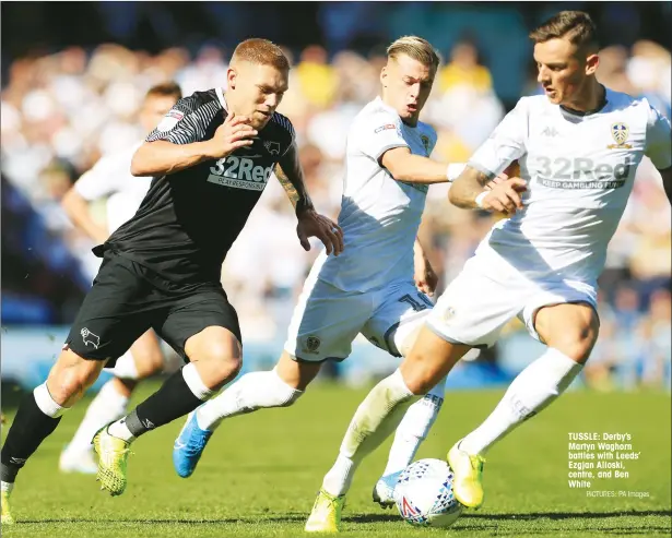  ?? PICTURES: PA Images ?? TUSSLE: Derby’s Martyn Waghorn battles with Leeds’ Ezgjan Alioski, centre, and Ben White