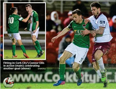  ?? SPORTSFILE ?? Fitting in: Cork City’s Connor Ellis in action (main); celebratin­g another goal (above)