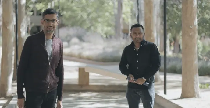  ?? PICTURE: MARCOS DURIAN. ?? INTO THE VALLEY: BBC media editor Amol Rajan, right, interviews Alphabet and Google chief executive Sundar Pichai at the American tech giant’s headquarte­rs in Silicon Valley.