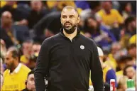  ?? Ezra Shaw / Getty Images ?? Celtics coach Ime Udoka looks on during the second quarter against the Warriors in Game 1 of the NBA Finals on Thursday.