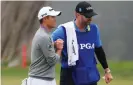  ??  ?? Collin Morikawa celebrates with his caddie JJ Jakovac after holing his putt on the 18th during the final round at Harding Park. Photograph: Tom Pennington/Getty Images