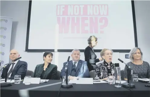 ?? PICTURE: PA ?? 0 Vince Cable, Caroline Lucas, Ian Blackford, Margaret Beckett, Liz Saville Roberts and Anna Soubry, standing, at a press conference in London yesterday discussing why they feel that Brexit plans should be put to a public vote