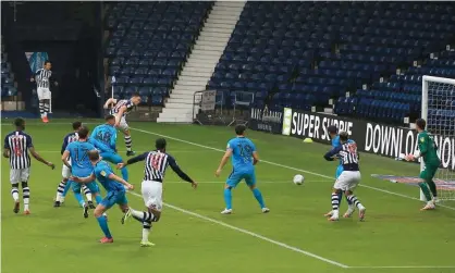  ??  ?? Dara O’Shea rises at the near post to double West Brom’s lead from a corner. Photograph: Matt West/BPI/Shuttersto­ck