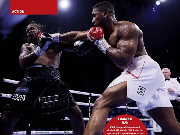  ?? Photos: MARK ROBINSON/ MATCHROOM ?? ON TARGET: Joshua connects with a right hand but Franklin rarely looks in trouble