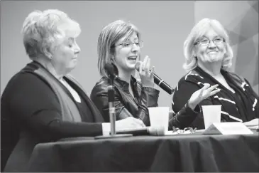  ?? Herald photo by Ian Martens ?? Status of Women Minister Stephanie McLean, along with by Willow Creek councillor Maryanne Sandberg and Lethbridge councillor Liz Iwaskiw, takes part in a panel discussion Thursday at the University of Lethbridge as part of the #ReadyForHe­r campaign....