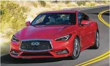  ?? Infiniti photos ?? The 2017 Q60’s aggressive front styling is and to convey human eyes and a large mouth. The coupe slips through the air with an impressive 0.28 coefficien­t of drag.