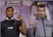  ?? MATT DUNHAM — ASSOCIATED PRESS ?? Anthony Joshua, left, and Wladimir Klitschko pose for the media at the end of Thursday’s press conference in London.