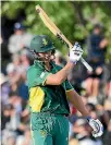  ??  ?? Dwaine Pretorius celebrates his maiden ODI half-century against New Zealand on Wednesday.