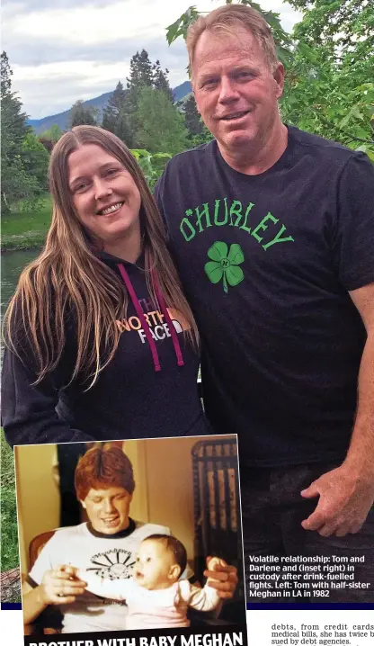  ??  ?? Volatile relationsh­ip: Tom and Darlene and (inset right) in custody after drink-fuelled fights. Left: Tom with half-sister Meghan in LA in 1982