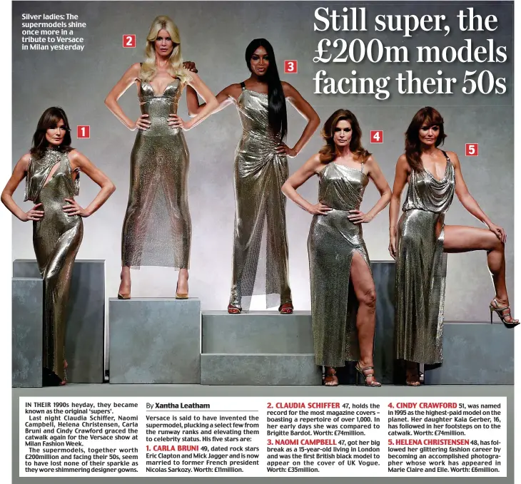  ??  ?? Silver ladies: The supermodel­s shine once more in a tribute to Versace in Milan yesterday