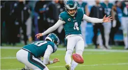  ?? DERIK HAMILTON/AP ?? Eagles kicker Jake Elliott has been near perfect and Braden Mann, 10, is fifth in the league with a 43.9-yard net punting average, is money on holds for kicks, and completed a 28-yard pass for a first down.