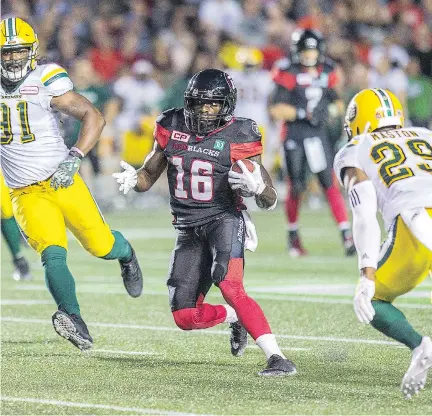  ?? WAYNE CUDDINGTON ?? Ottawa’s Quincy McDuffie had a 92-yard punt return Thursday night against the Edmonton Eskimos called back because of an illegal block, just one of the many times the Redblacks have shot themselves in the foot this season.