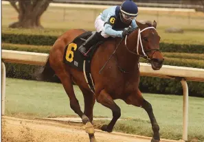  ?? The Sentinel-Record/RICHARD RASMUSSEN ?? She’s A Julie, with Ricardo Santana aboard, won the $200,000 Bayakoa Stakes by 2¾ lengths over Promise of Spring on Monday at Oaklawn Park in Hot Springs.