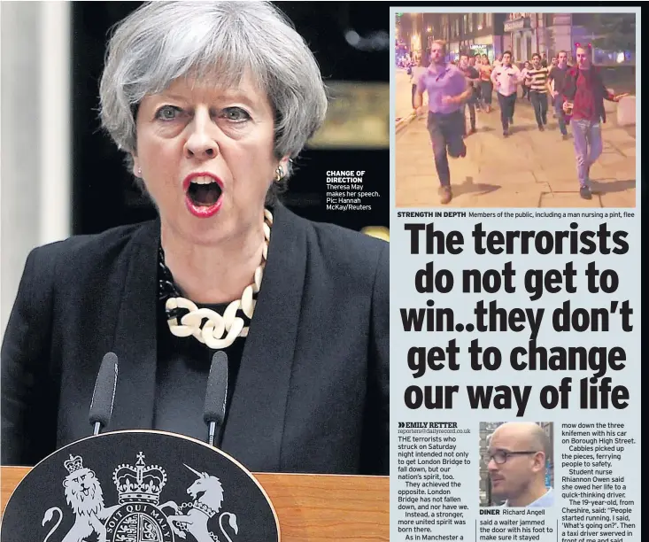  ??  ?? CHANGE OF DIRECTION Theresa May makes her speech. Pic: Hannah McKay/Reuters